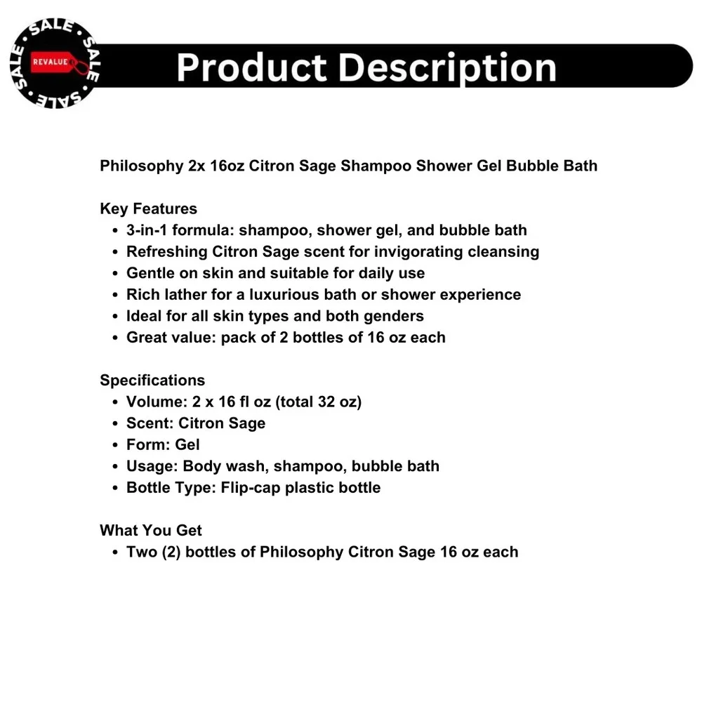 Philosophy‎ 2x 16oz Citron Sage Shampoo Shower Gel Bubble Bath